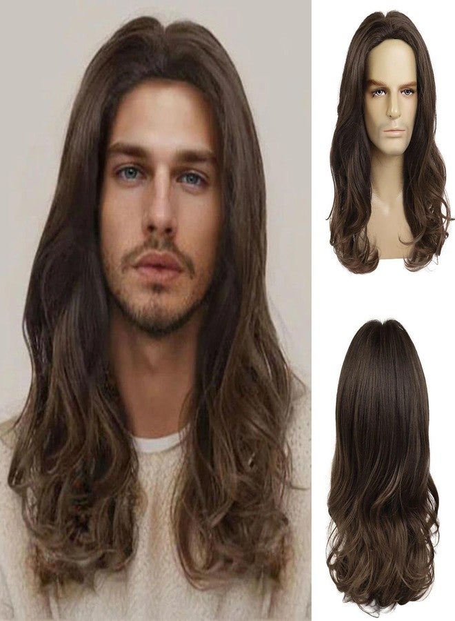 GNIMEGIL 21 Inch Elegant Long Mens Wig Brown Wavy Synthetic Wave Hippie Wig In Rich Brown Effortless Style Hair For Unisex Adult Natural Haircuts Fluffy Hairline - Image 1